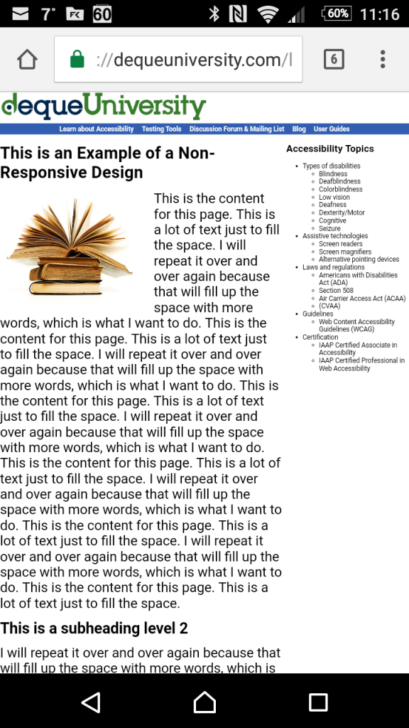 Example of a non-responsive website