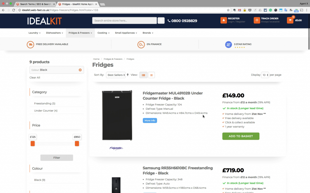 Filtered search for black fridges