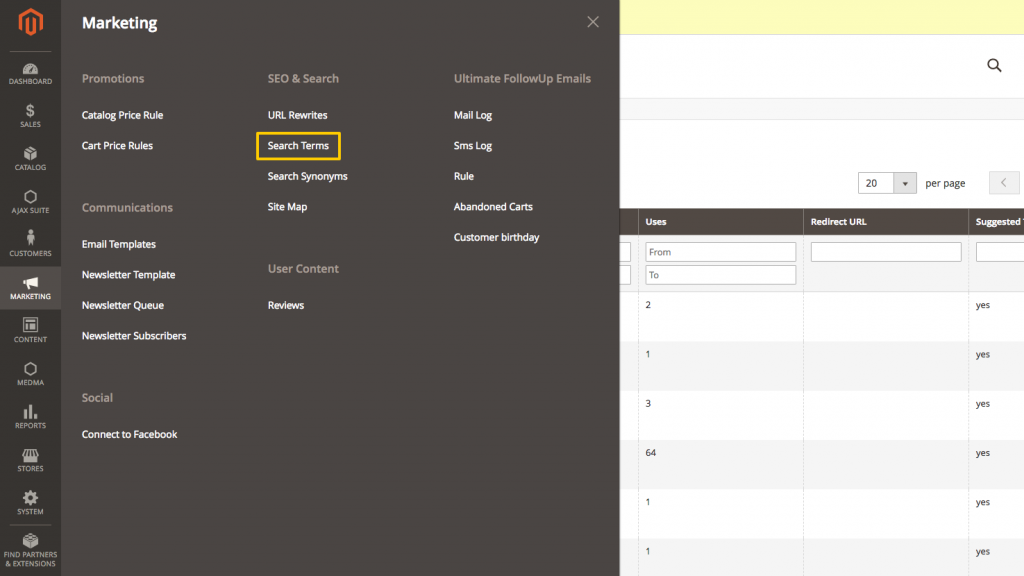 Menu path to select search customisation