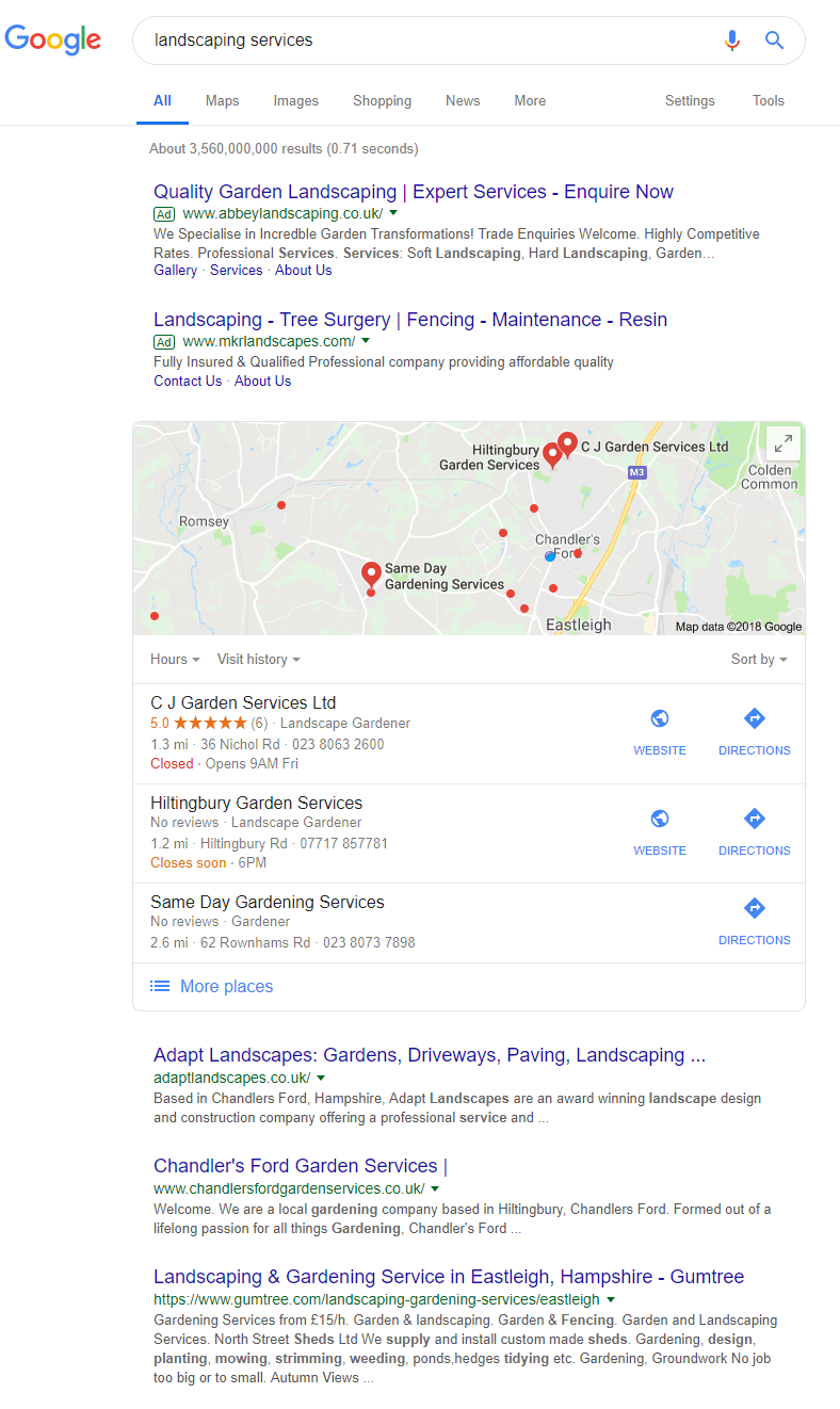 Search results for landscaping services in Google